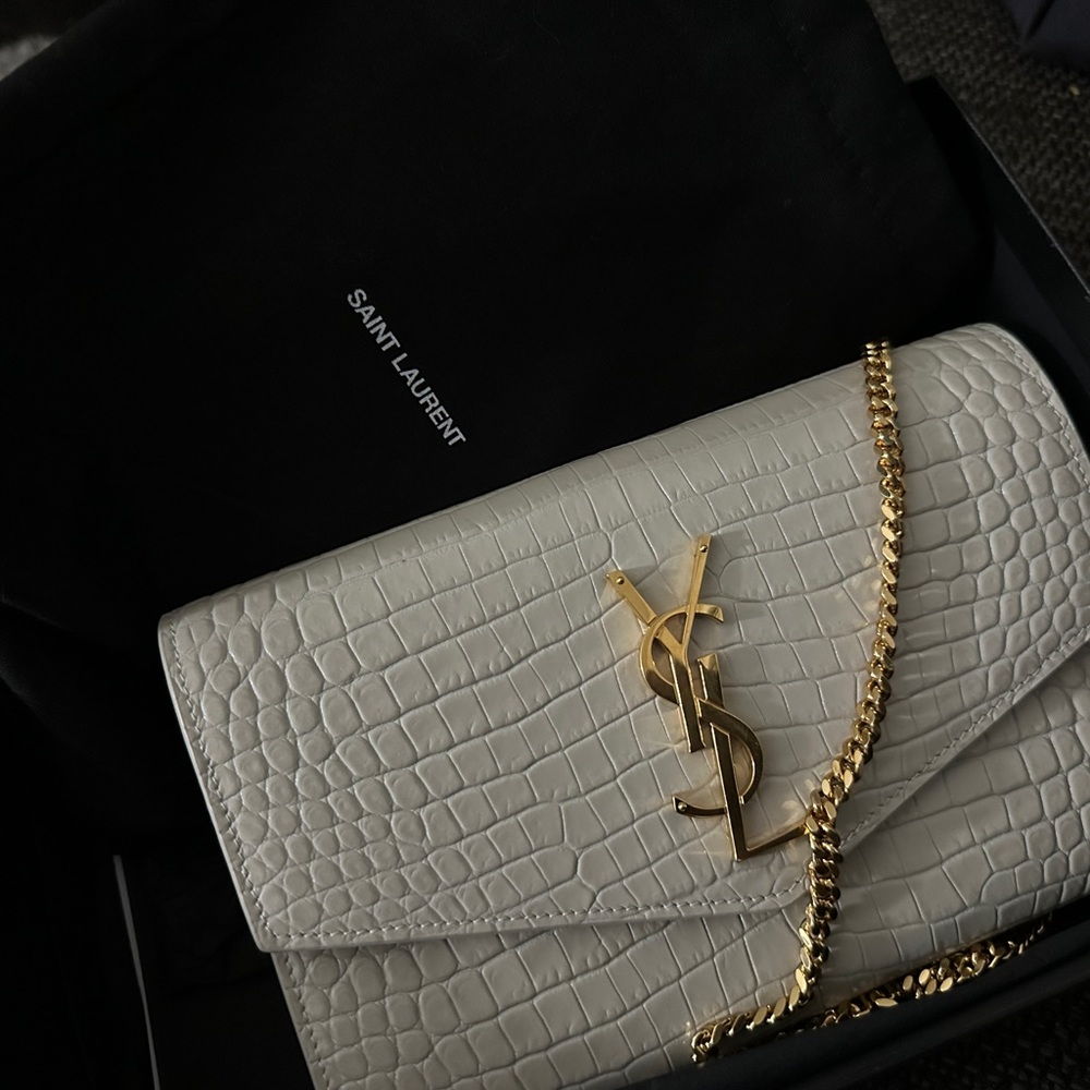 YSL uptown chain crocodile embossed shiny leather